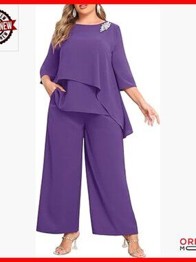Plus Size Dressy Pant Suit 2-Piece Outfit with Pockets Wedding Guest Formal